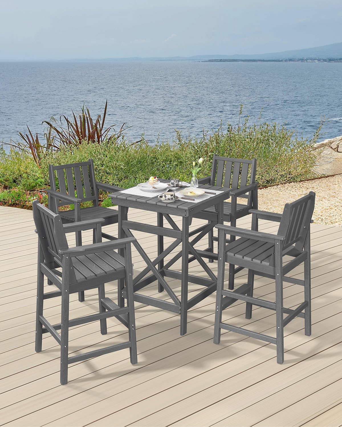 5 Pieces Adirondack Bar Chairs Set, HDPE Patio Bar Height Table and Chairs, Tall Adirondack Outdoor Bar Stools Set, HDPE Patio Bar Table Sets Furniture for Balcony, Garden, Pool, Smoke Gray