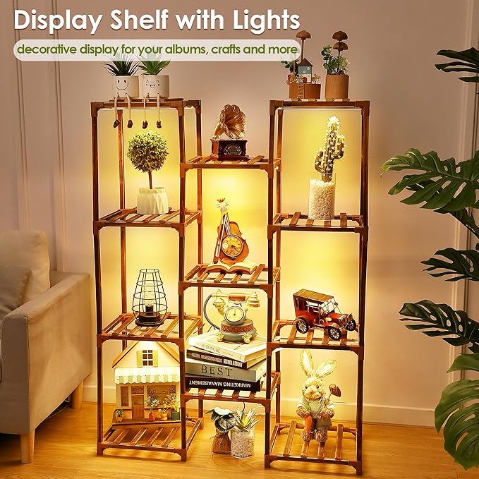 Plant Stand with Grow Lights Indoor, 11 Tiers Shape Plant Shelf with Light Full Spectrum Led Grow Light, Timer Function and Brightness Adjustment, Wood Plant Stand Indoor for Corner Living Room