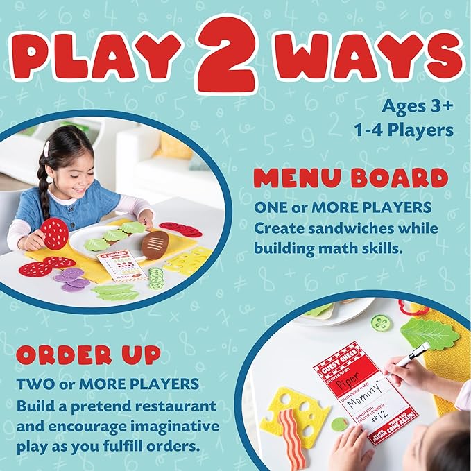 Peaceable Kingdom Math Sandwich Game: Preschool Math Games for Kids Ages 3 and Up – Includes 100+ Felt Food Pieces, 10 Menu Cards, Dry Erase Marker & Guest Check Tablet for Pretend Restaurant Play