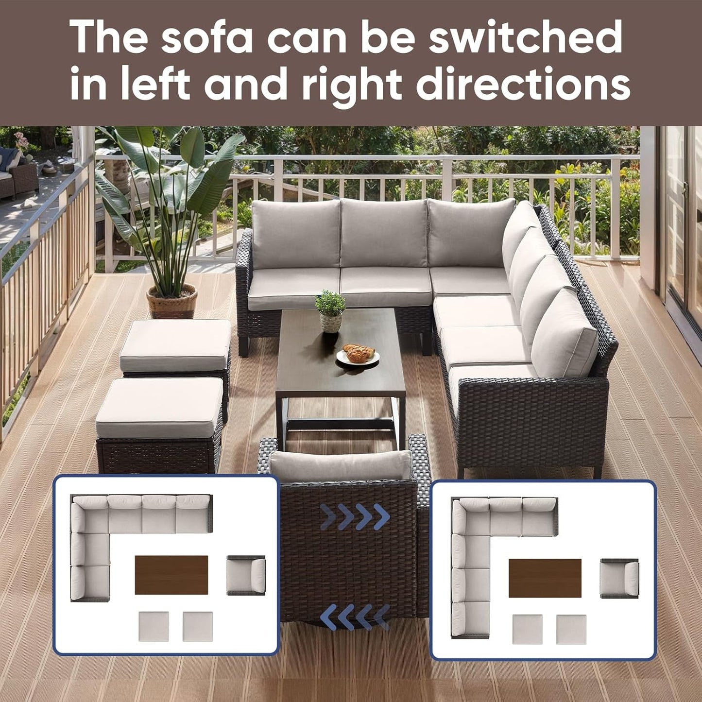 HUMMUH 8 Piece Patio Furniture All Weather 6-Seater Outdoor Sectional Sofa with Patio Swivel Chairs and Outdoor Chairs Ottomans for Porch,Garden,Backyard,Deck(Brown/Beige)