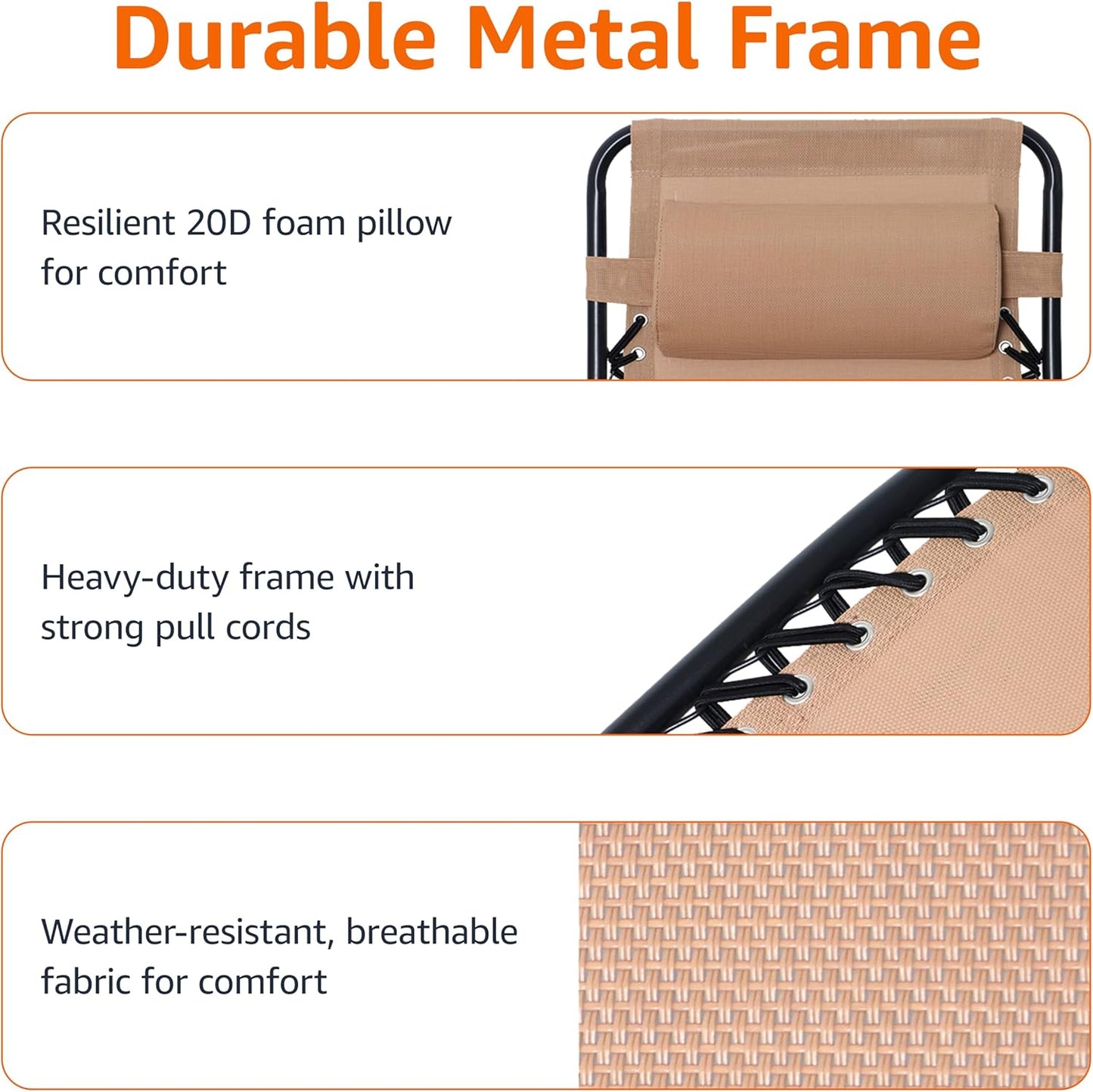 Amazon Basics Outdoor Patio Zero Gravity Lounge Chair with Pillow, Folding Reclining and Textilene Adjustable, Folding Lounge Lawn Chairs for Outside, 26", Beige