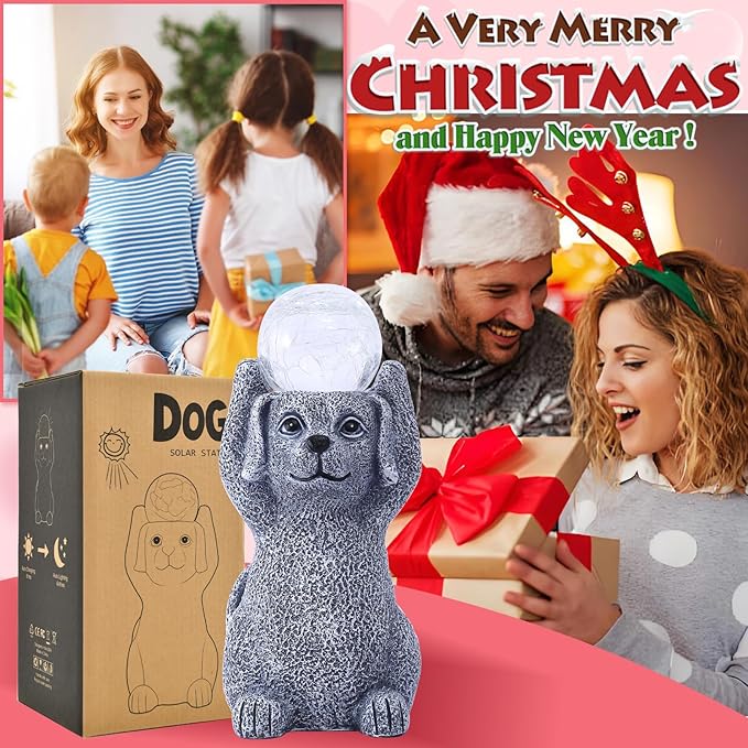 Solar Cute Dog Statue Holding Cracked Glass LED Lights – Funny Resin Dog Decor Garden Decorations for Patio,Balcony,Yard,Birthday Gifts for Women Mom
