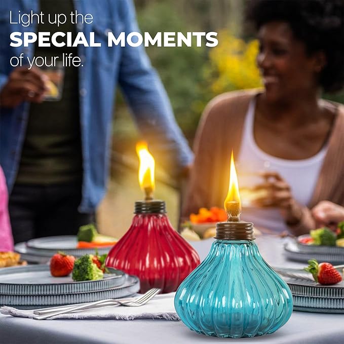 Deco Window Pack of 4 Table Torch for Indoor Outdoor Citronella Oil Tabletop Glass Lamp Landscape Multicolored Lantern with Fiberglass Wick & Cap for Garden Patio Yard Party Decor Light