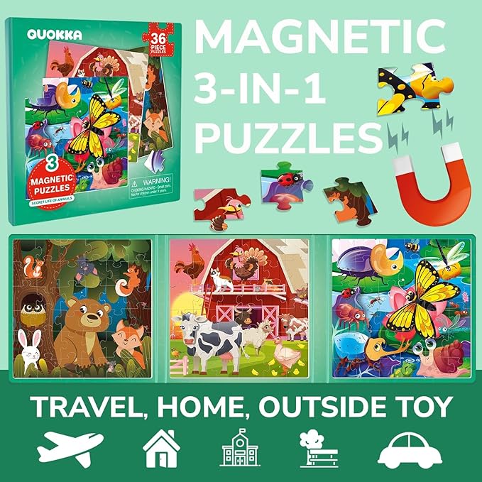 QUOKKA Magnetic Puzzles for Kids Ages 4-6 - 36 Pieces Sudoku Toddler Puzzles Ages 2-4 - Travel Games for Kids Ages 3-5 - Animal Farm Bugs Toddler Travel Toys - Car Airplane Road Trip Games