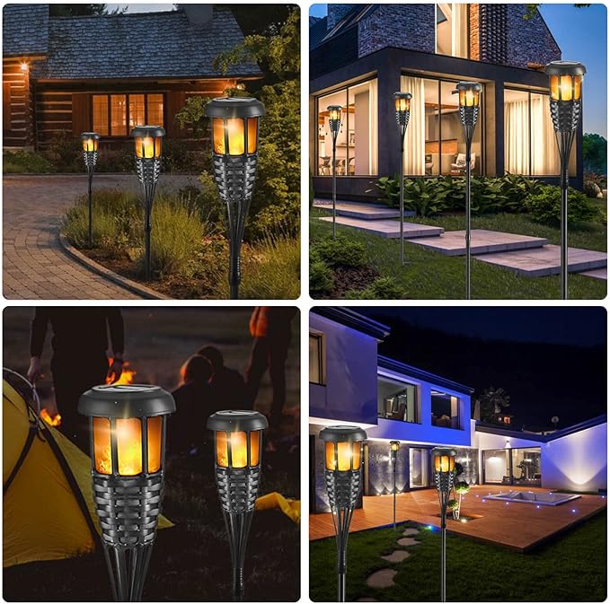 Solar Torch Light with Flickering Flame, 4 Pack Waterproof Bamboo Torches Hand-Woven Rattan Solar Tiki Torches for Outside Patio Yard Garden Lawn (Black-4 Pack)