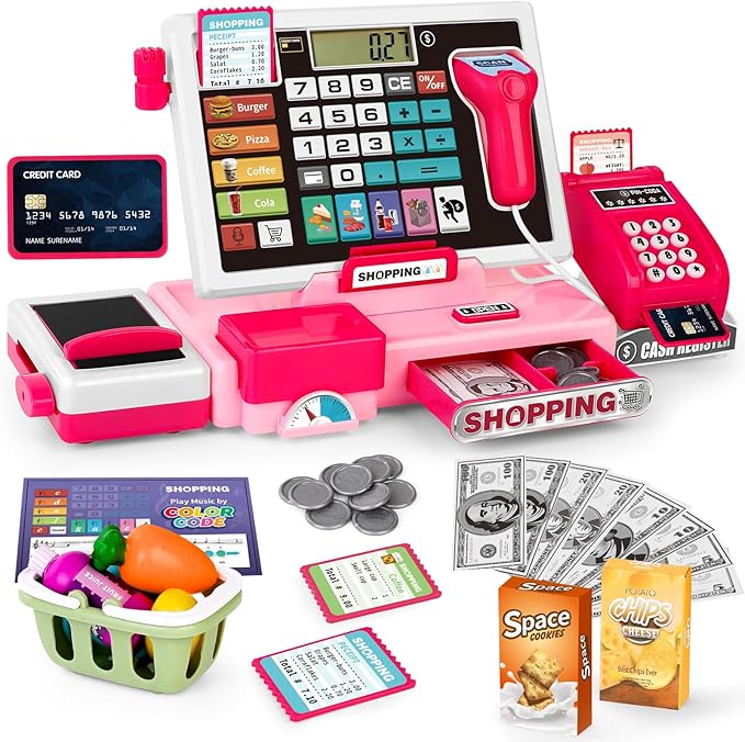 Kids Cash Register Toy Playset, Toddler Prentend Play Store with Real Calculator Cash Register with Scanner/Credit Card/Play Money/Food, Learning Toys for Boys Girls Toddlers(Pink)