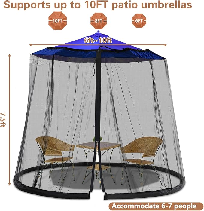 7.5-10FT Patio Mosquito Netting - Mosquito net for Patio Garden and Outdoor Umbrellas with Adjustable Elastic Cord and Zipper Umbrella net