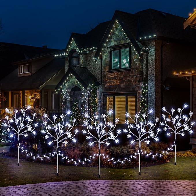 Enhon 5 Pack Snowflake Christmas Pathway Lights, 180 LED Garden Stake Lights with 8 Light Modes and Timer Function, Waterproof Xmas Decoration Tree Light for Outdoor Yard Lawn Patio Decor (Cool White)