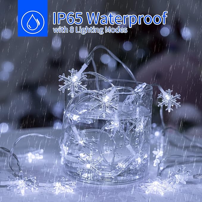 Solar Christmas Snowflake String Lights 100 LED 39 Feet Outdoor Waterproof Fairy Lights with 8 Lighting Modes for Wedding, Party, Tree, Room, Garden, Patio, Yard, Home, Pure White