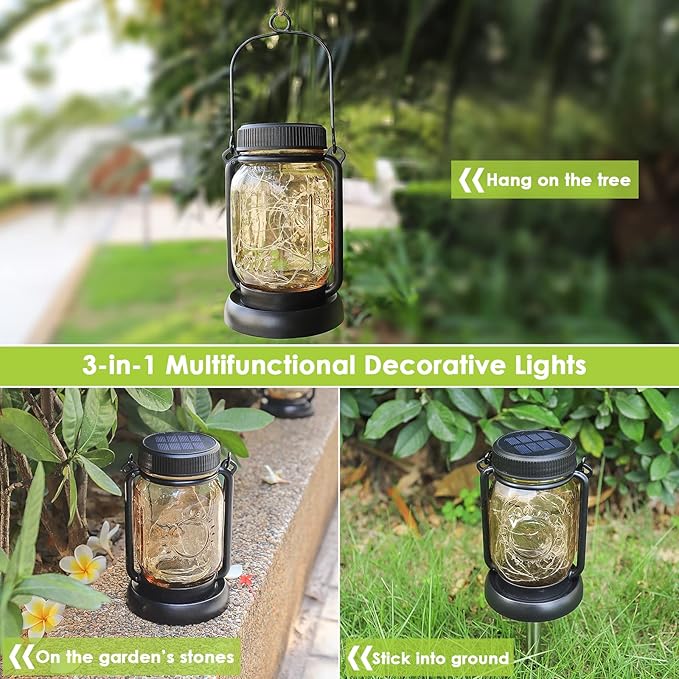 Mlambert 4 Pack Solar Hanging Lantern with Stakes, Outdoor Waterproof Solar Mason Jar Fairy String Lights Decorative Vintage Glass Lamp-Warm White