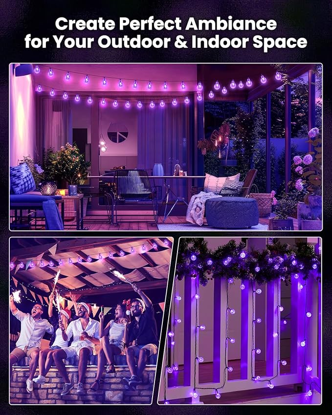 Brightown Purple Solar Halloween Lights Outdoor 60 Led 36 Feet Crystal Globe String Lights with 8 Lighting Modes, Waterproof Solar Powered Patio Lights for Garden Yard Porch Decor (Purple)