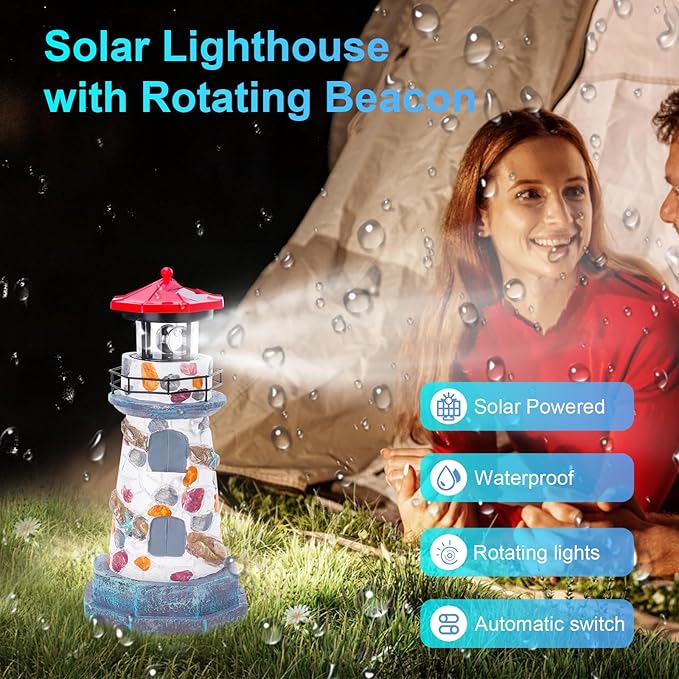 Solar Lighthouse with Rotating Beacon,11.4" Outdoor Garden Lighthouse Decor,Waterproof Statue Lighthouse Lamp for Yard Lawn Patio Gifts