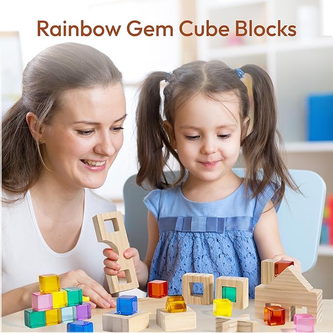 Woodtoe Wooden Rainbow Building Blocks Set for Kids, 22 PCS Wooden Blocks & 25 PCS Gem Cubes Stacking Blocks, Montessori Stacking Toys for Toddlers, Educational STEM Easter Toys for Boys Girls 3-6
