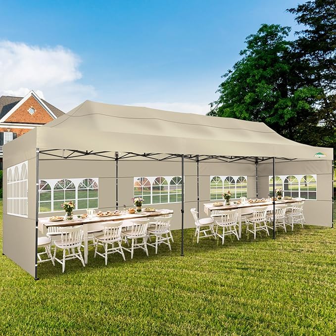 COBIZI 10x30 Heavy Duty Pop up Canopy with 8 sidewalls Stable Wedding Outdoor Tents for Parties Canopy Pop Up Party Tent UPF 50+ Waterproof Commercial Gazebo with Roller Bag, Khaki(Windproof Upgraded)