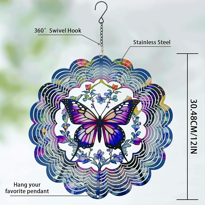 Wind Spinners Metal Butterfly - Butterfly Gifts for Women Mom Grandma Wife, Hanging Wind Spinner for Outdoor & Indoor Decorations, 12 inch 3D Wind Spinner for Ornament Gifts