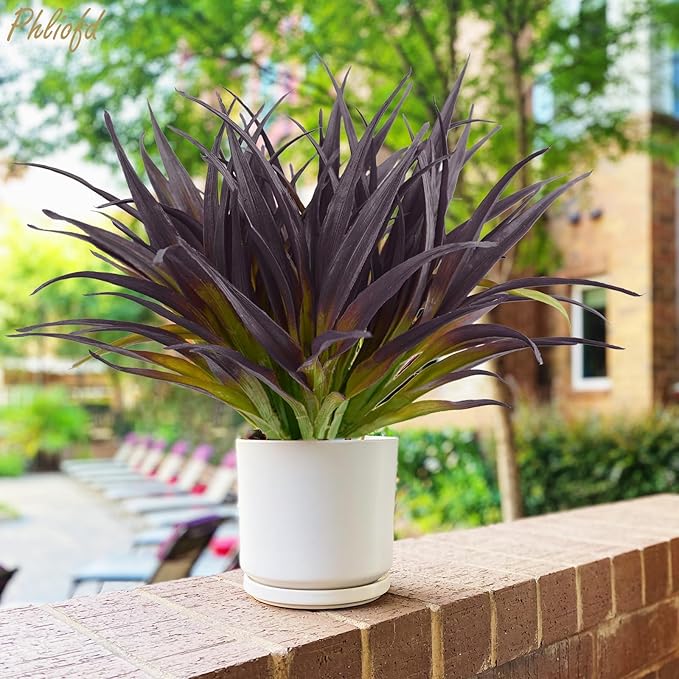 32 Pcs Artificial Grass Fake Grass Plants 17.3in Outdoor Plants UV Resistant Faux Greenery Stems for Home Window Garden Office Patio Pathway Front Porch Halloween Décor Light Green & Purple