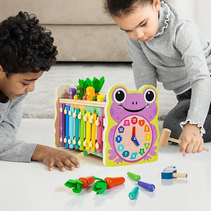 6-in-1 Wooden Montessori Toys for 1 Year Old, Mole-Tapping Game | Play The Xylophone | Frog Clock | Carrot Harvest Game | Spinning Gear, Baby Toy Gift for Early Learning