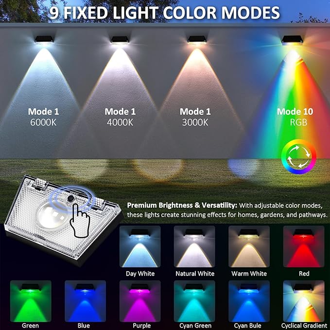 HENRE Solar Fence Lights - 9 Color Modes & Cyclical Gradient, IP44 Waterproof Solar Lights Outdoor, Auto On/Off, Fence Lights Solar Powered for Garden, Pathway, Yard Decor (6-Pack)