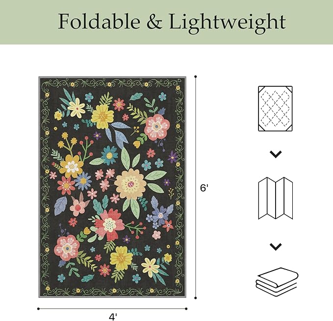 GENIMO Indoor Outdoor Area Rug 4' X 6' Waterproof, Washable Patio Rug Non Shedding, Easy Cleaning Floral Outdoor Carpet for Living Room, Bedroom, Dining Room, Balcony, Backyard, Deck, RV, Black