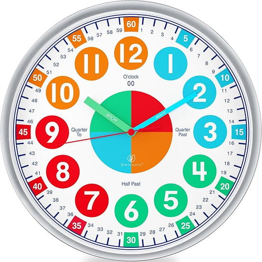 OWLCONIC Telling Time Teaching Clock for Kids - Educational Analog Wall Clock for Bedrooms, Playroom, Classroom Learning - Silent Kids Wall Clock for Learning to Tell Time
