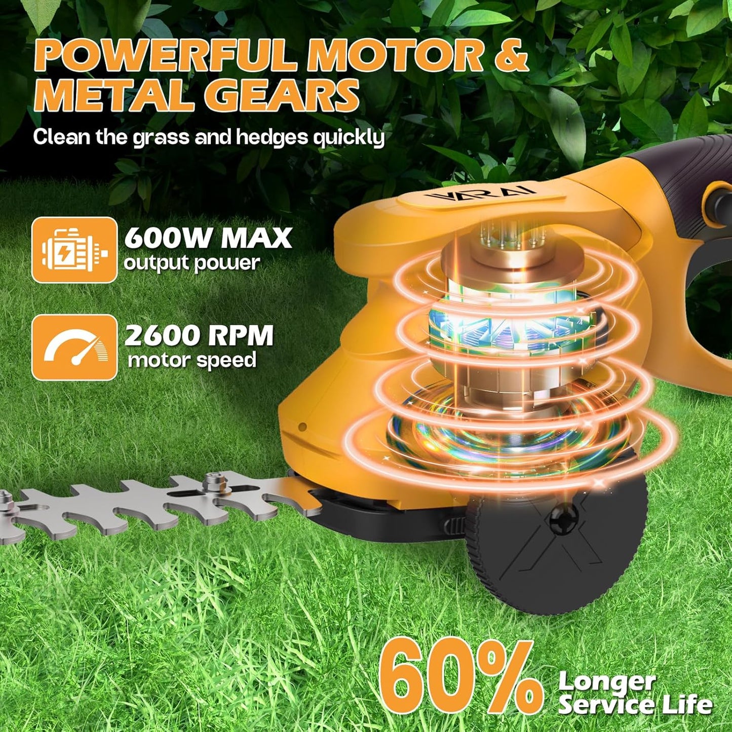 Cordless Hedge Trimmer, 2-in-1 Hedge Trimmer, Ultra Long Battery Life with Battery*2, high-Power and high-Capacity Grass Trimmer for Gardens, Yards and lawns, Including Charger