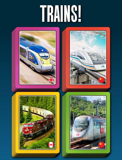 100 PICS Smart Cards Trains Card Game | 7 Games in 1 - Matching Pairs, Snap, Trumps, Rummy | Top Travel Game, Gift, Stocking Stuffer | for Adults, Kids, Boys, Girls | Age 5+, 1-8 Players