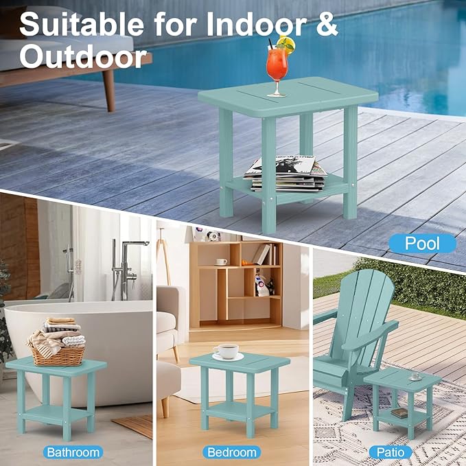Outdoor Side Table - 2-Tier Storage All Weather Outdoor End Table for Patio - HDPE Morden Easy Maintenance Adirondack Side Table for Pool Porch Balcony Garden Lawn Backyard Outside Indoor