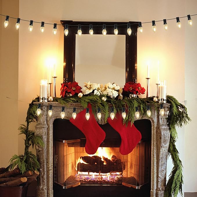 Abeja C7 LED Christmas Lights, 25Ft C7 Frosted White String Lights with 27 Vintage Incandescent Bulbs (E12 Base, 0.6W) Christmas Vintage String Light for Backyard Porch Balcony Party Christmas Decor