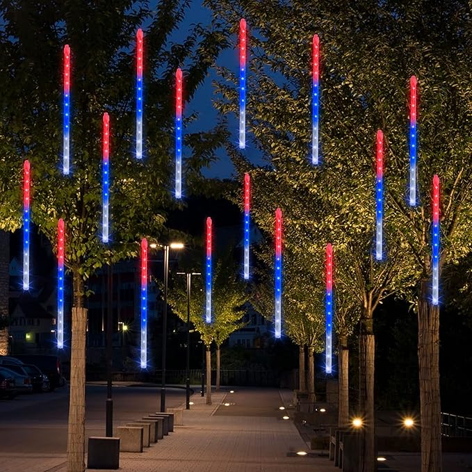 Dazzle Bright 4th of July Lights Decorations, 288LED Red Blue and White Meteor Shower Rain Lights 12Inch 8 Tubes, Waterproof Plug in Falling Rain Light Independence Day for Outdoor Yard