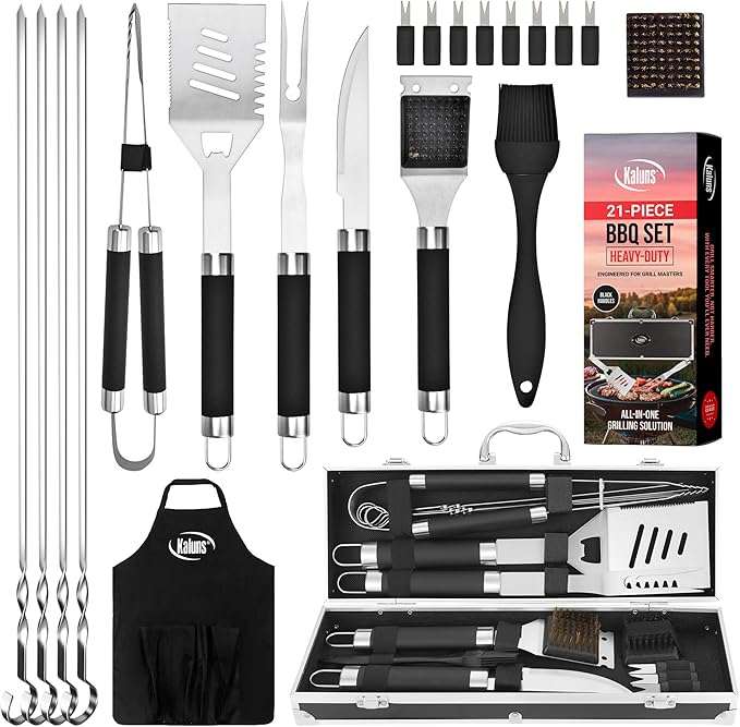 Kaluns Grilling Accessories, Dad Gifts for Christams Grilling Gifts, Heavy Duty Stainless Steel BBQ Grill Tools Set for Outdoor Grill with Aluminum Case and Apron, Dad Birthday Gifts for Men Husband