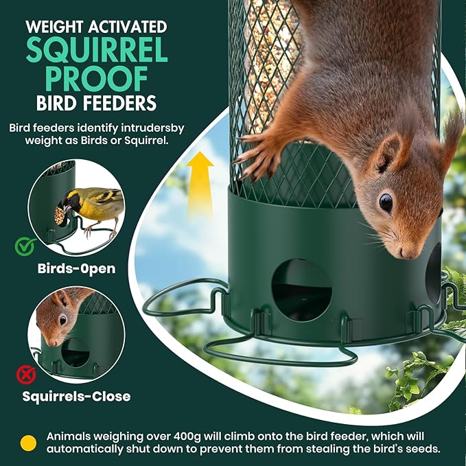 Metal Squirrel Proof Bird Feeders for Outdoors Hanging,Weight-Activated Large Capacity Feeder for Wild Finch, Cardinal,Blue Jay, Chickadee, Weatherproof and Durable 4 Perches,Green