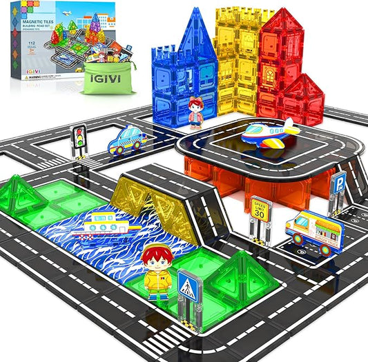 112PCS Magnetic Tiles Road Set with Vibrant Color & Ultra Magnet Strength, City Road Building Blocks Construction Toys for Toddlers Kids Ages 3-12, Creative Gifts STEM Toys for 3+ Years Old Boys Girls