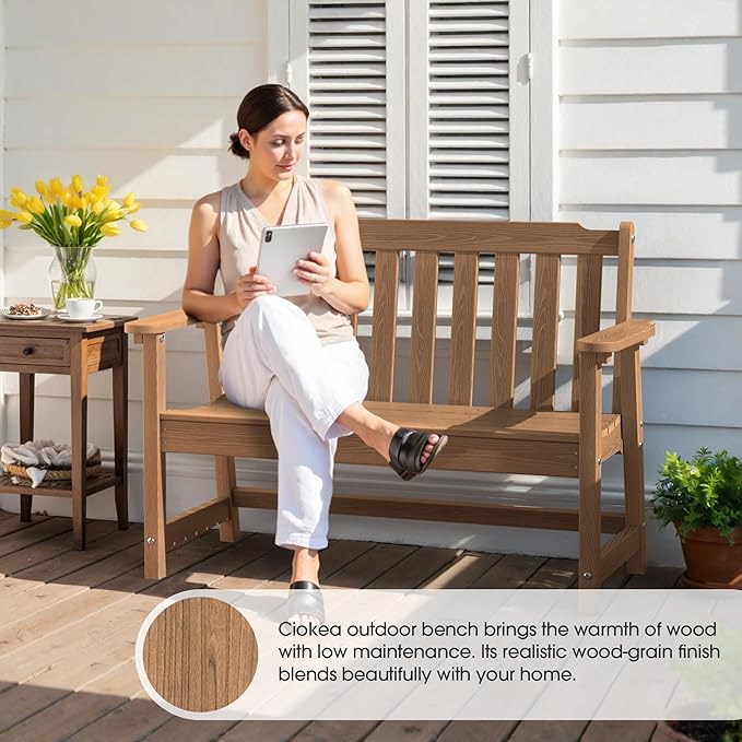 Ciokea 46" Heavy Duty Outdoor Bench, HDPE Weatherproof Garden Benches, Durable 2-Person Benches with 660 Lbs, Waterproof Patio Porch Bench for Outside Balcony Deck Backyard, Teak
