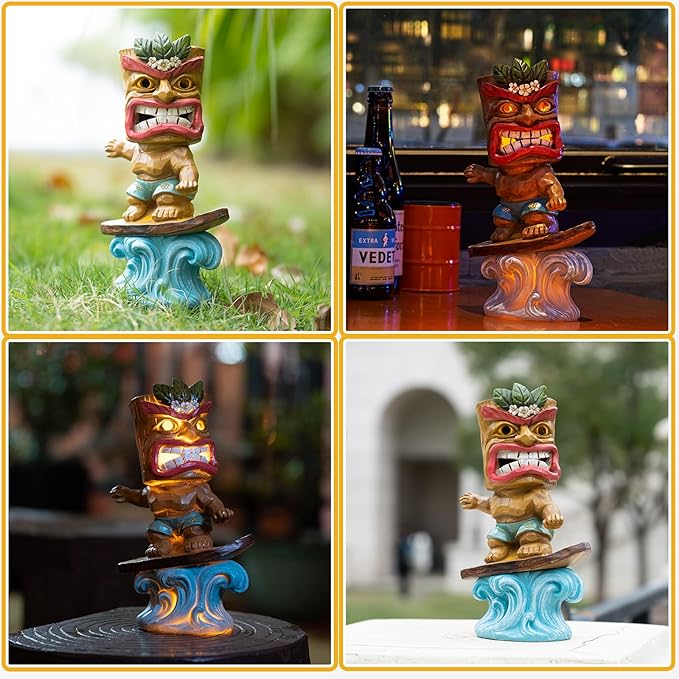 Solar Tiki Statue Outdoor Decor-Tiki Bar Decor-Garden Tiki Surfing Statues Waterproof Decoration Figurine for Tiki Bar,Patio,Balcony,Yard,Lawn,Table,Desk 9.92 Inches Tall
