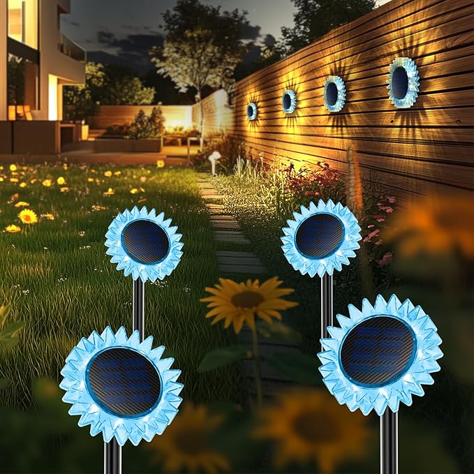 Hogni 4PK Solar Garden Lights, Ground Stake/Hang 2 in 1 Solar Sunflowers Outdoor Waterproof IP67, Outdoor Decor for Pathway Walkway Landscape Backyard Fence Decoration