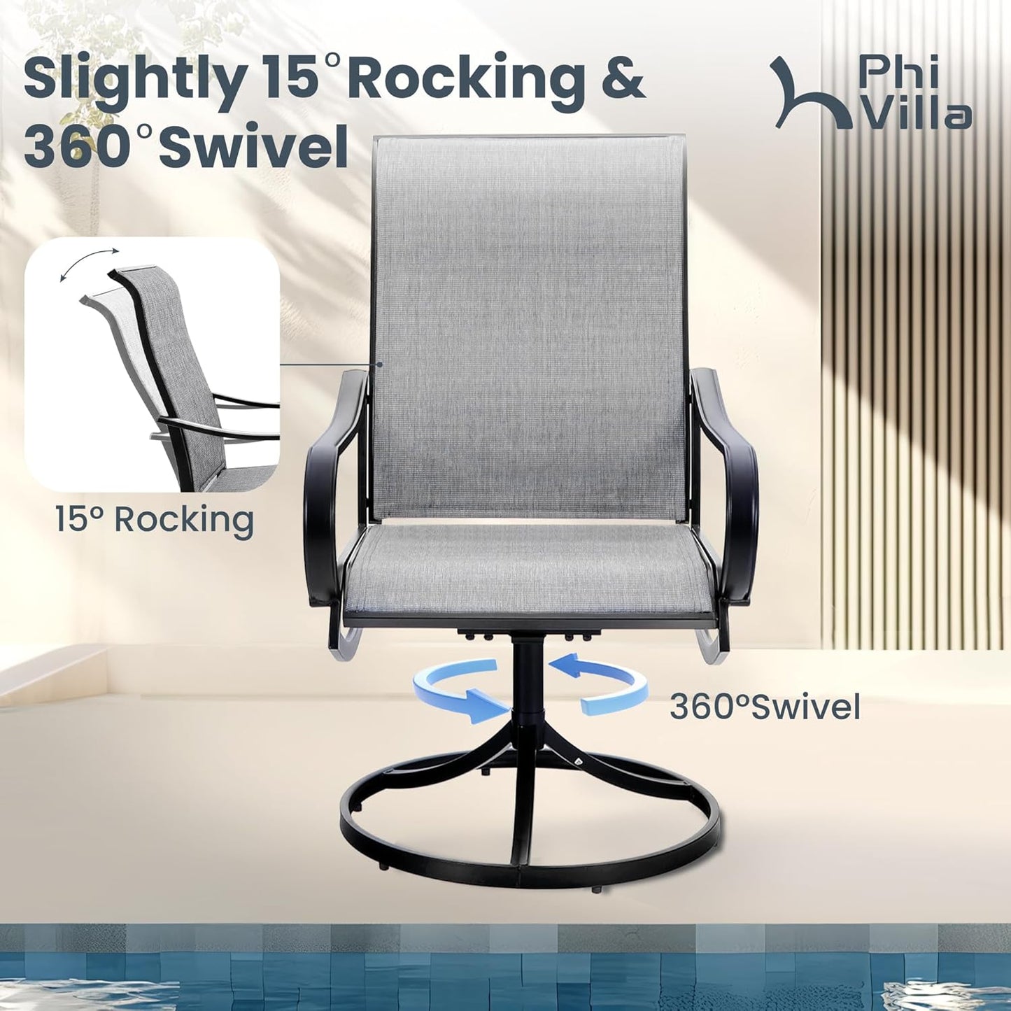 PHI VILLA 5 PCS Patio Dining Set with Outdoor Swivel Dining Chairs (Gray) and 37"x 37" Metal Steel Dining Table, All Weather Patio Dining Furniture Set for Poolside Deck Lawn Garden