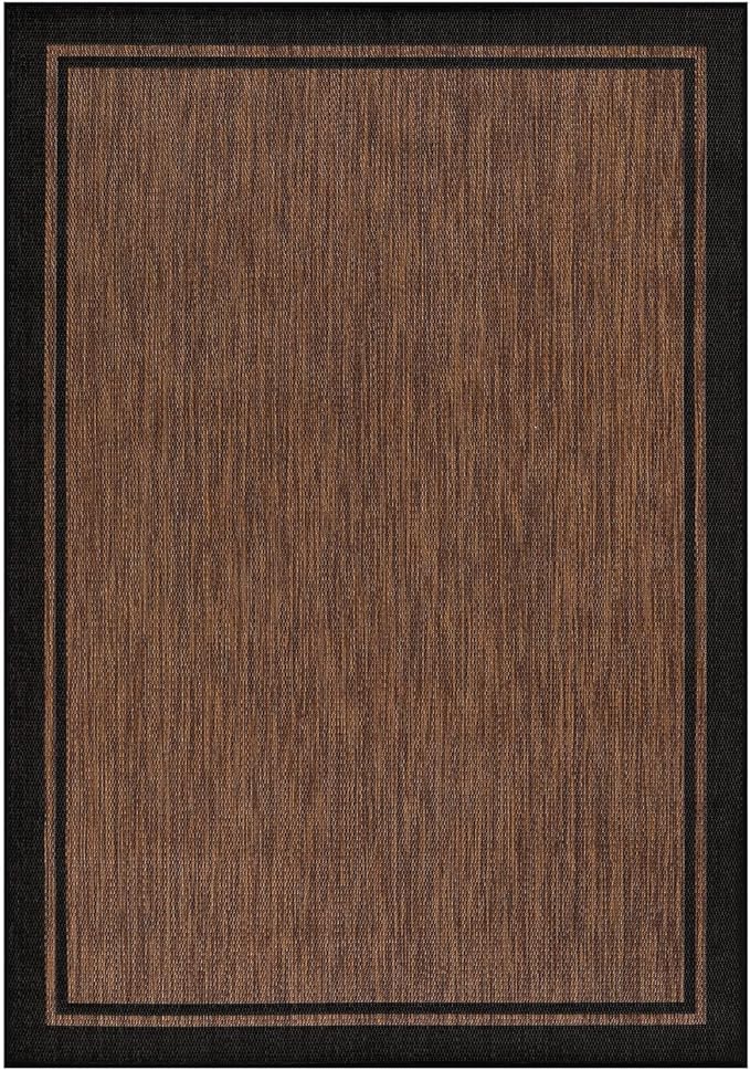 CAMILSON Indoor Outdoor Rug, 5x7 Bordered Nut Brown Black Modern Area Rugs for Indoor and Outdoor Patios, Kitchen and Hallway Mats, Washable Porch Deck Outside Carpet (Bordered Nut Brown Black, 5 x 7)