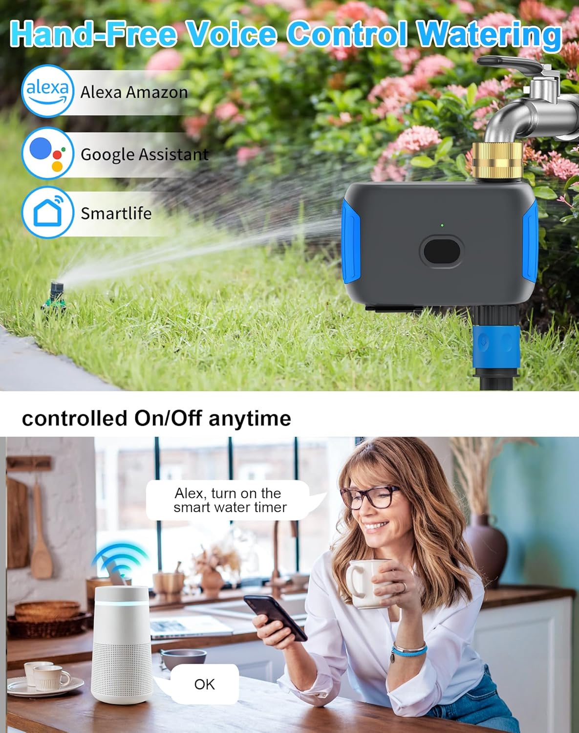 WiFi Sprinkler Timer, Smart Bluetooth Hose Timer, Programmable Automatic Irrigation System with Remote APP, Compatible with Alexa Google, Watering for Outdoor Garden Yard Lawn, 1 Outlet