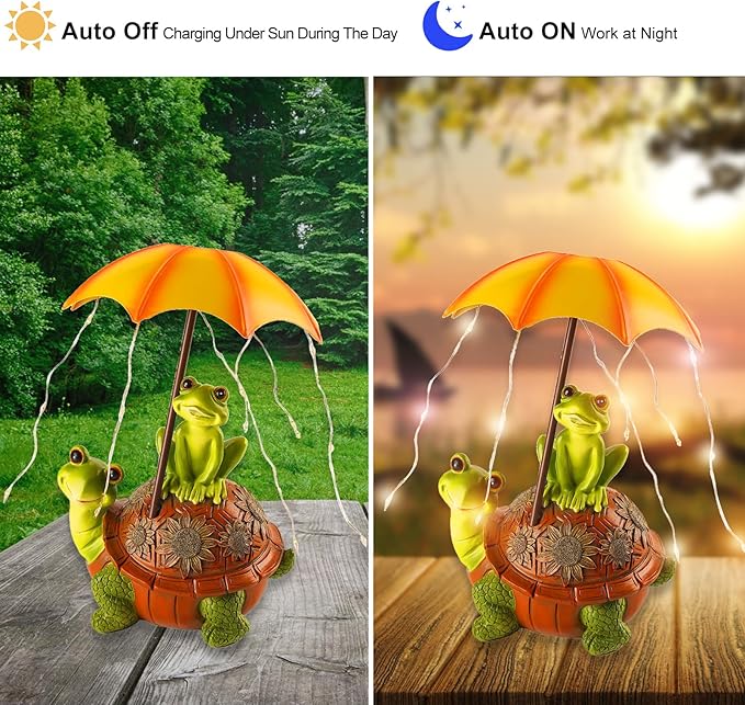 Solar Garden Outdoor Statues Turtle Frog Outdoor Figurine Lights with Umbrellas Fairy Garden Accessories Tortoise Statue Lawn Decor for Patio, Balcony, Yard Ornament Art Housewarming Gifts