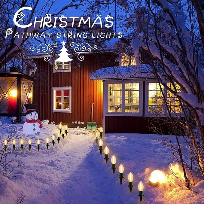 38Ft C9 LED Christmas Pathway Lights Outdoor, 25 C9 LED Warm White Christmas Pathway Stakes Lights Waterproof, Outdoor Christmas Walkway Lights for Yard Lawn Sidewalk Driveway Christmas Decorations