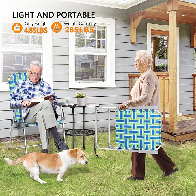 VINGLI Aluminum Patio Lawn Chairs Folding 1 Pack with Detachable Cup Holder, Webbed Beach Chair Folding Chair Outdoor Portable Camping Chair for Yard, Garden …