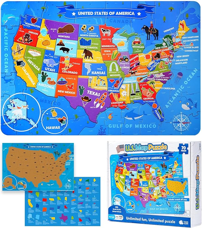 TAOZI&LIZHI Floor Puzzles for Kids Ages 4-6, 6-8, 70 Piece US Map 50 States with Capitals Large Toddler Puzzle Age 2-4, Jigsaw Puzzles for Kids Ages 3-5, Geography Puzzles Toys Gift for 4-8 Years Old