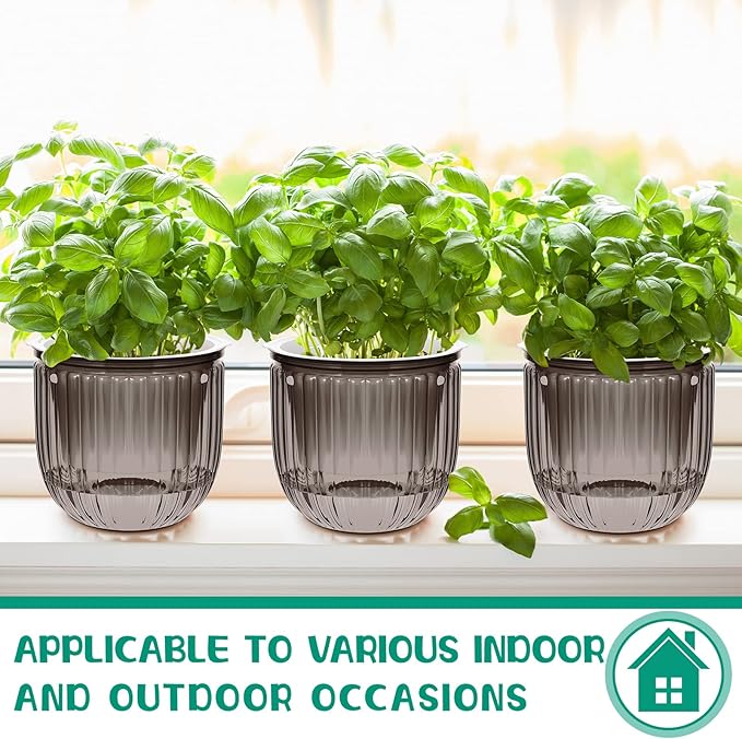 Meanplan 4 Pcs Self Watering Hanging Planter Indoor 6.5 Inch Hanging Baskets for Plants Outdoor Plastic Flower Pot with 3 Hooks Chains Drainage Holes for Garden Home, Medium Size(Gray)