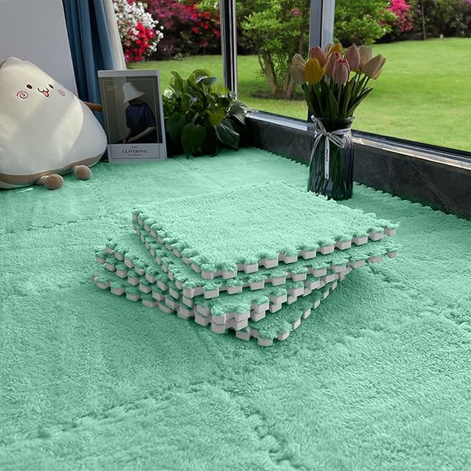 16pcs 0.6" Thickened Interlocking Tile Mats,Fluffy Shaggy Soft EVA Foam Area Rug for Living Room & Bedroom,Non-Slip Protective Floor Carpet Play Mat Kids Dorm Home Decor (11.8ft, Mint Green)