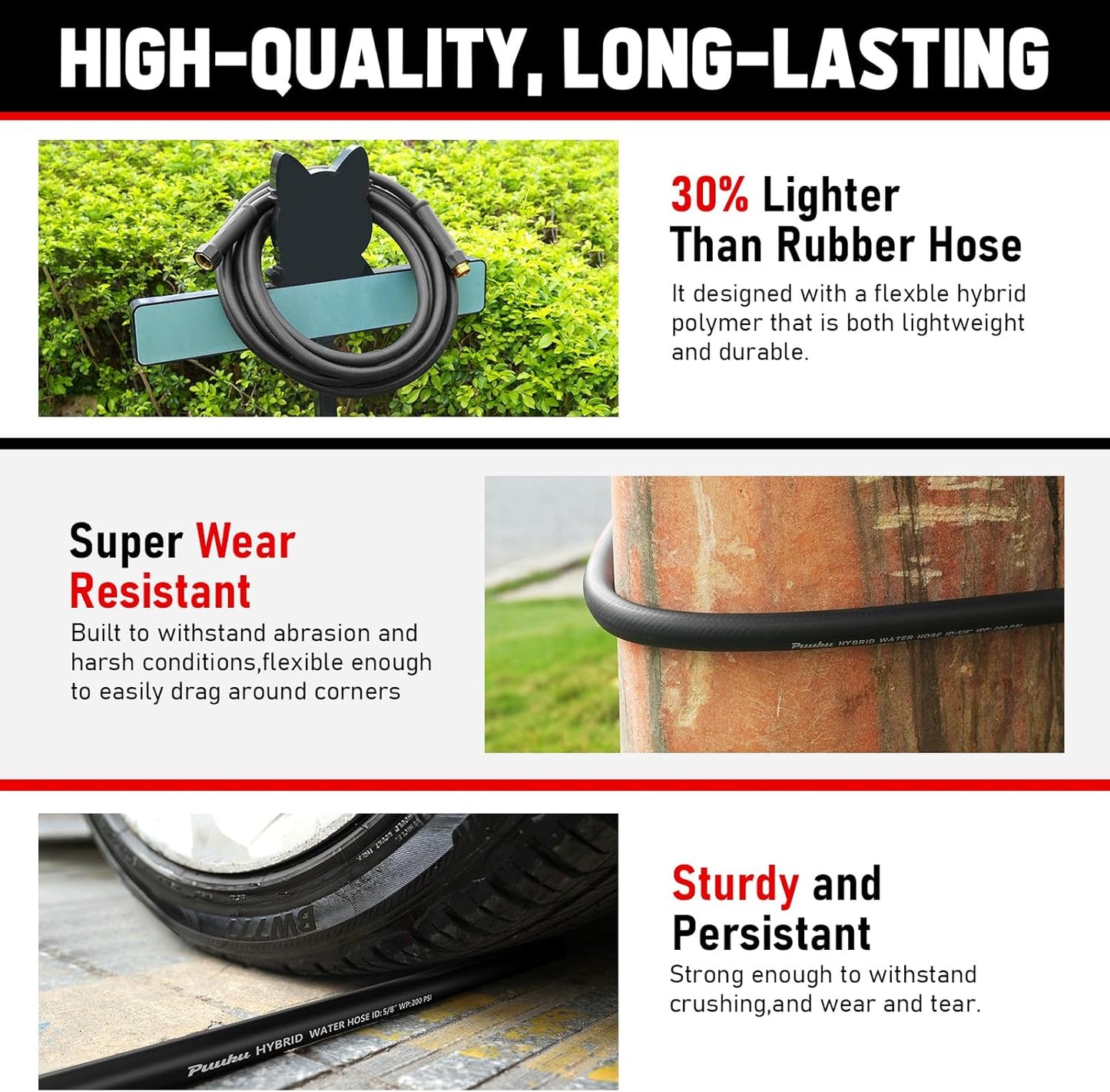 Garden Hose 50 ft x 5/8", NON-EXPANDABLE Heavy Duty Premium Flexible Water Hose, No Kink, Leakproof, Lightweight Hybrid Hose with Male to Female Fittings for Household、Backyard