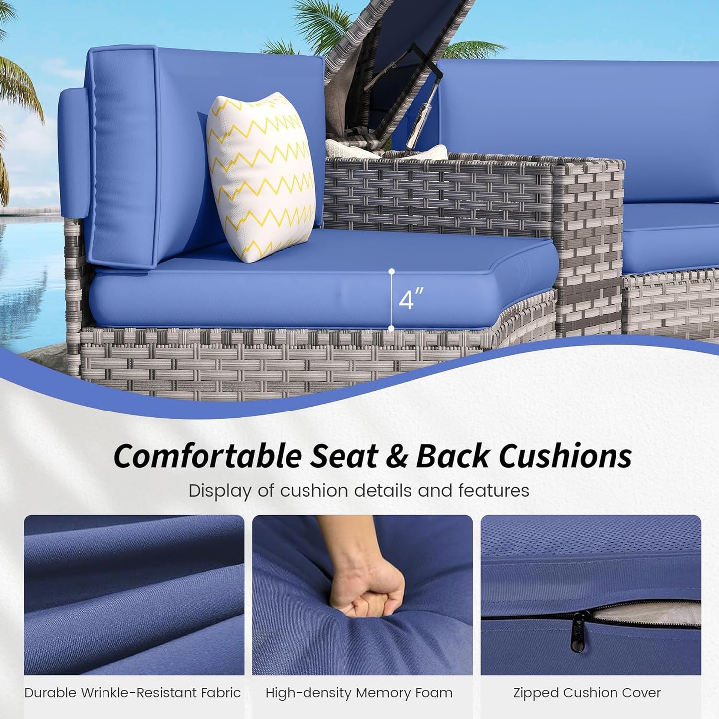 Patio Sectional Furniture Outdoor 8-Piece Grey Rattan Curved Sofa Set with Fire Pit Table,Storage Table,Pillows,Fit for Pool Backyard Balcony Porch Lawn (Navy)