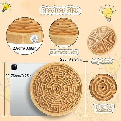 Wooden Labyrinth Board Game with Two Versions of Upgraded Circular Marble Maze with Two-Sided Design, 2-in-1 Puzzle Maze with Two Metal Balls, Brain Teaser Game for Children, Teenagers, and Adult