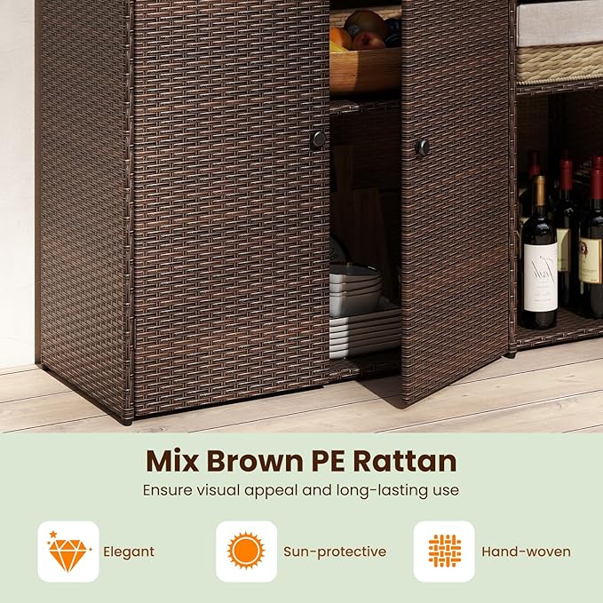 Tangkula Rattan Outdoor Storage Cabinet, Patiojoy Outdoor Cabinet with 4 Adjustable Shelves, 1 Drawer, 3 Doors, Patio Storage Deck Box Table for Patio Garden Poolside (Mix Brown)