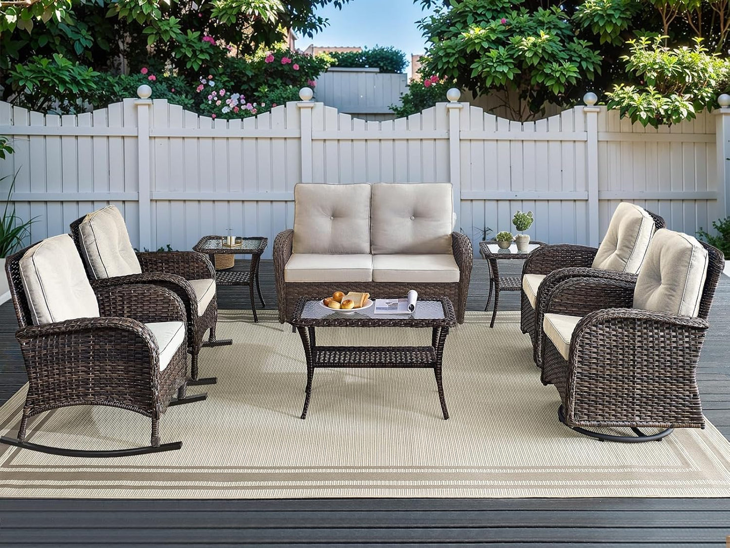 HUMMUH Patio Furniture 7-Piece PE Wicker Outdoor Conversation Set,All-Weather Swivel and Rocking Chairs,Glider Loveseat,Coffee Tables for Backyard,Poolside,Deck