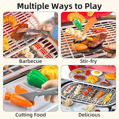 Kids BBQ Grill Playset for Kids Ages 4-8, Play Kitchen Toys with Smoke & Light for Boys Ages 3 4 5 6 7, 2-Layer Barbecue Toys Play Food Set, Indoor Outdoor Cooking Toy for Boys Girls 3-5